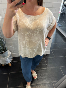 FREYA Floral Linen Top - Stone