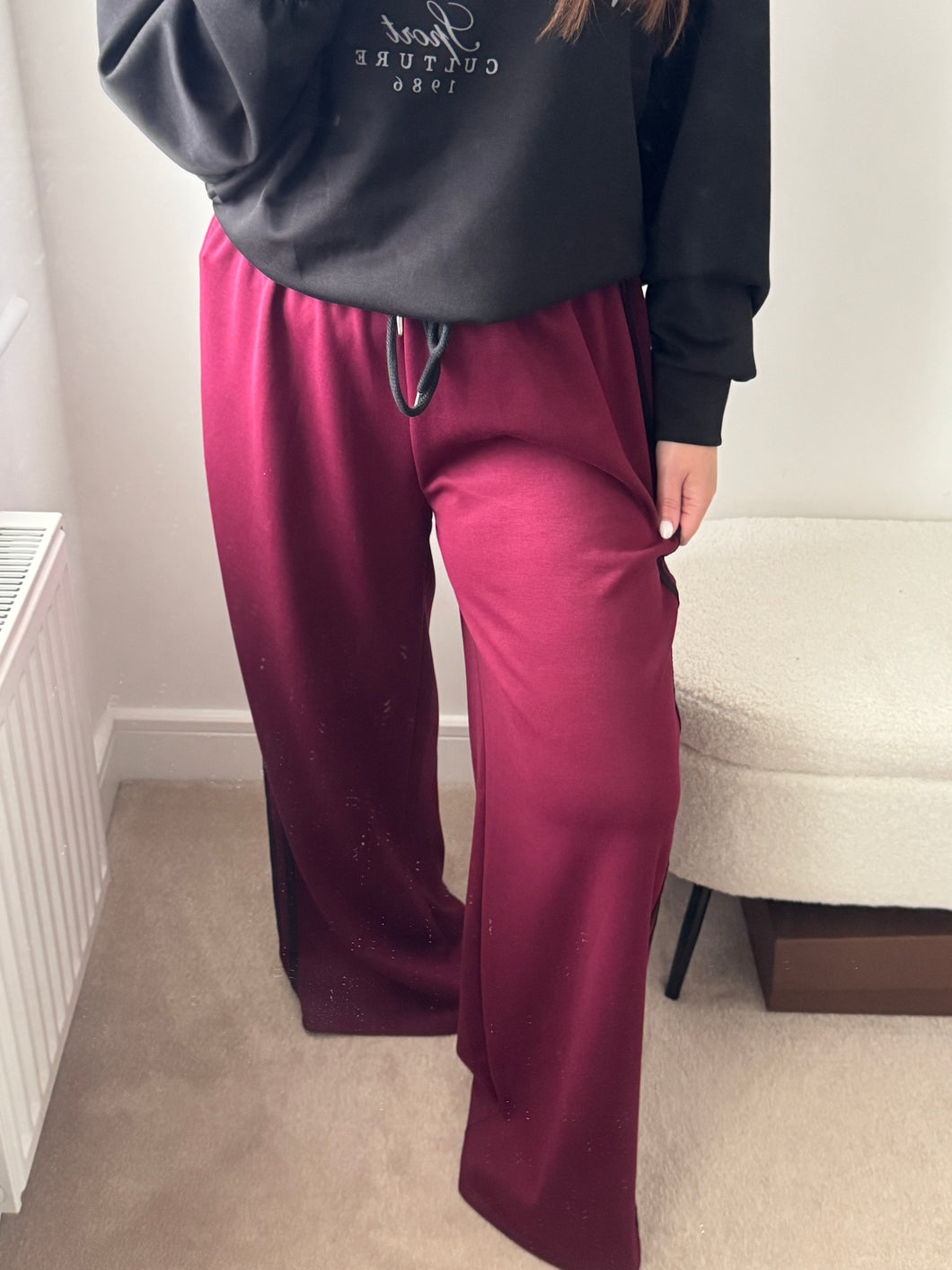 STACEY Stripe Wideleg Joggers - Burgandy